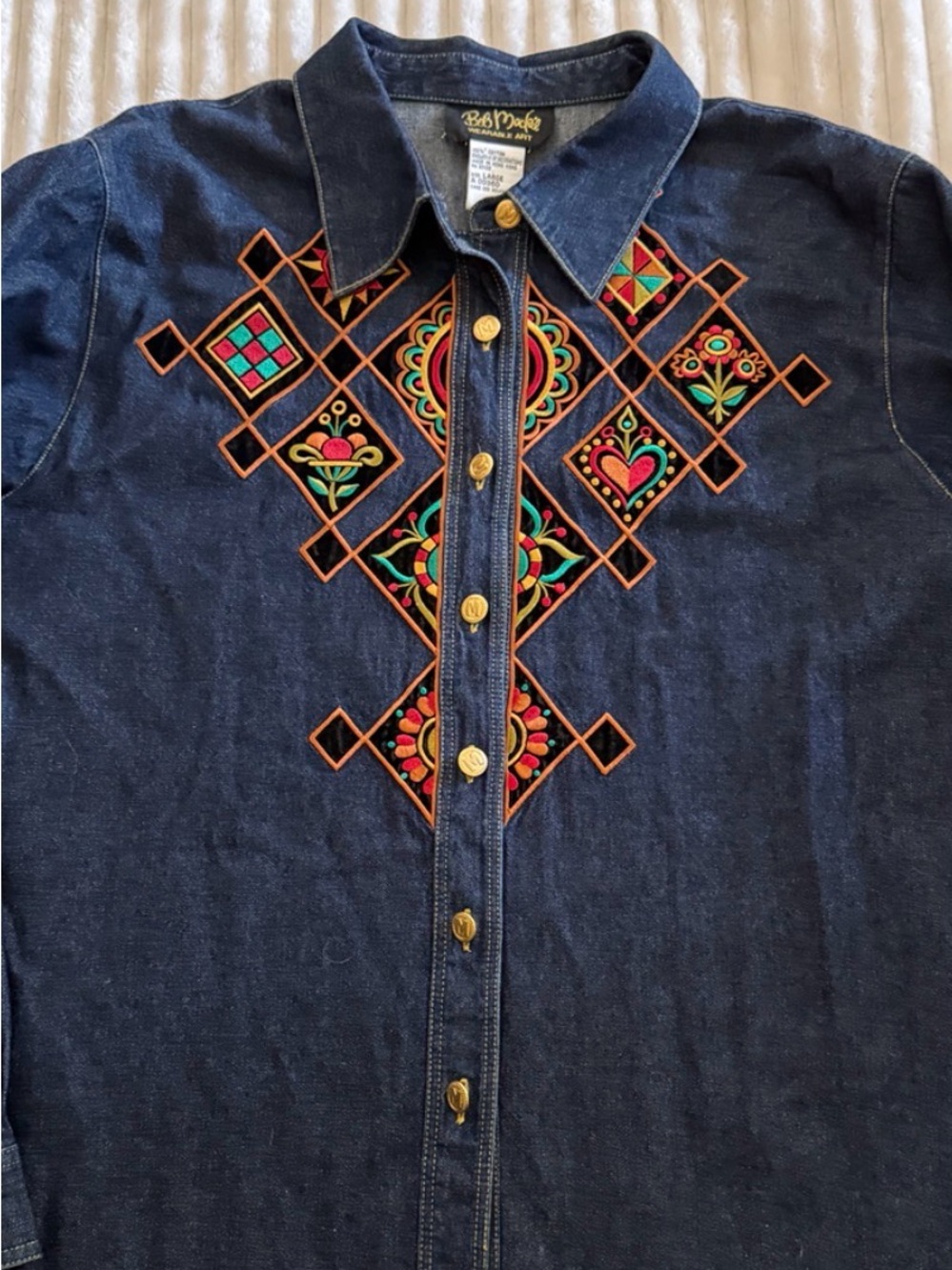 Bob Mackie Blue Large Embroidered Denim Shirt 90s Wearable Art Western Boho - Picture 4 of 9